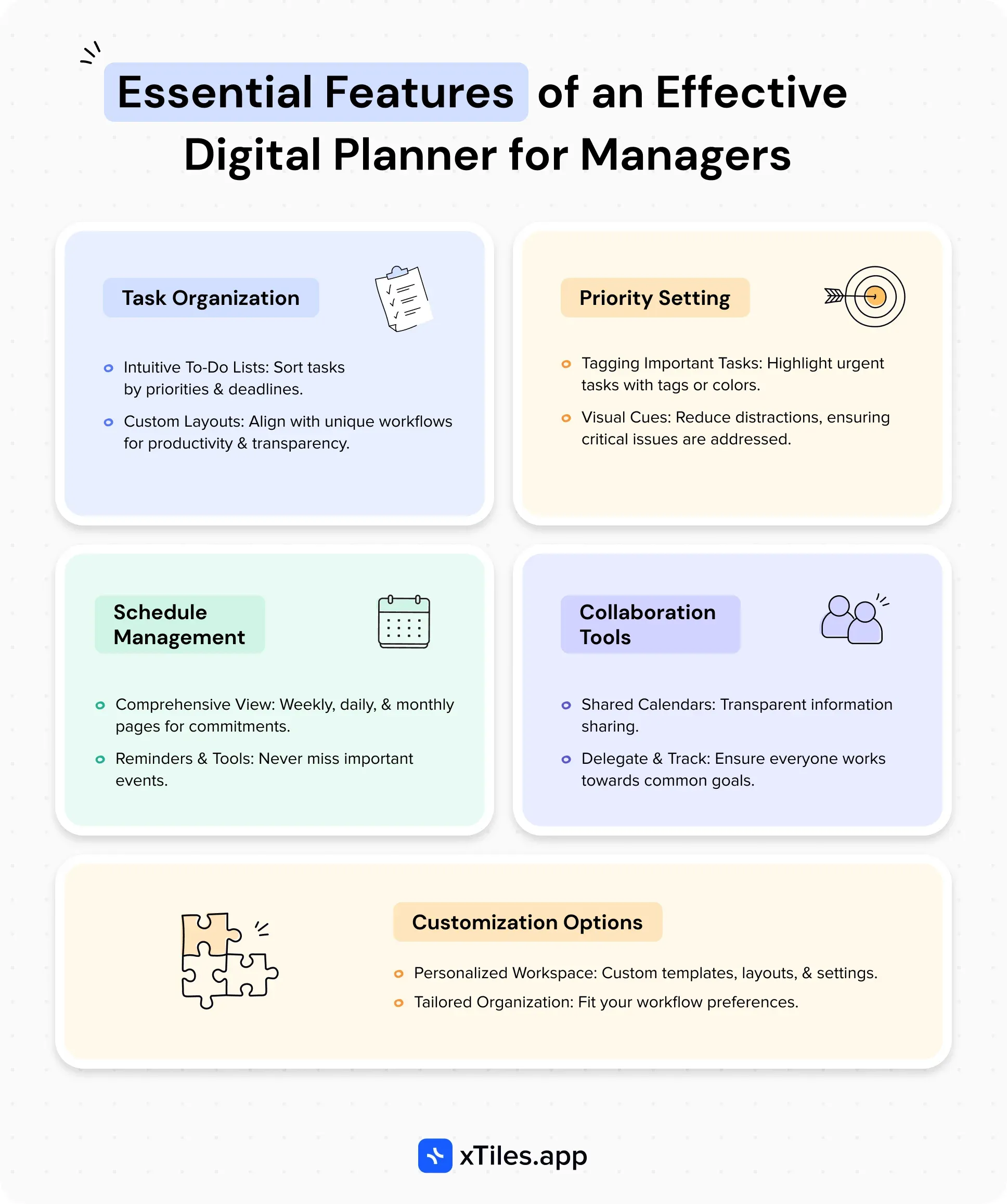 Essential features of an effective digital planner for managers — illustration